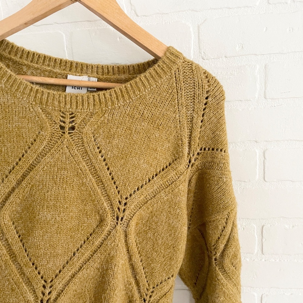Anthropologie X ICHI Diamond Cable Knit Sweater Chunky Oversized Mustard Sz M - Picture 3 of 14